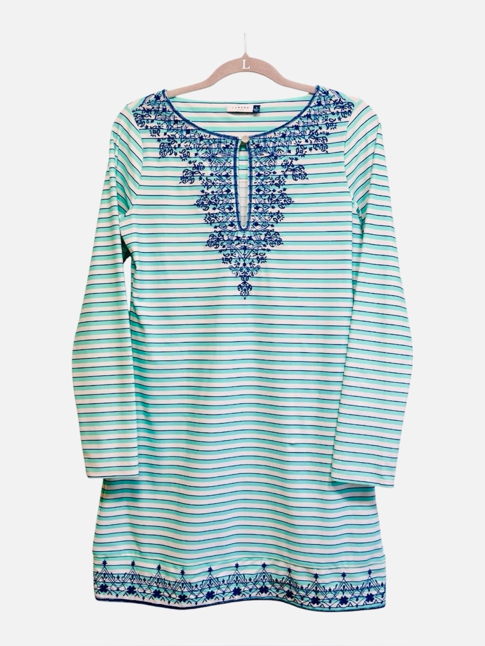 Cabana Life embroidered long sleeve aqua blue and white tunic dress, size small
